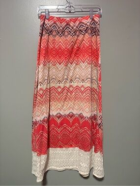 Studio 253 Coral Boho Maxi Skirt Crochet Hem Geometric Print Size Medium